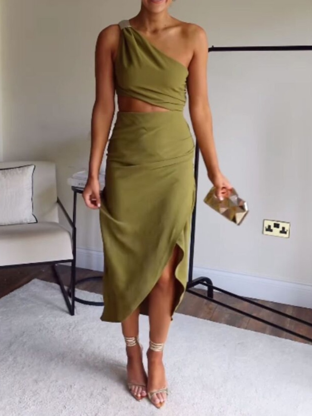 Zara Olive Green Asymmetrical Cutout Midi Dress SZ M EUC